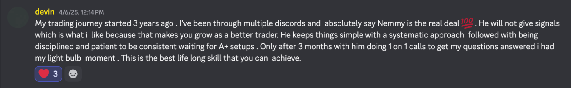 Devin — 3 years trading, light bulb moment review