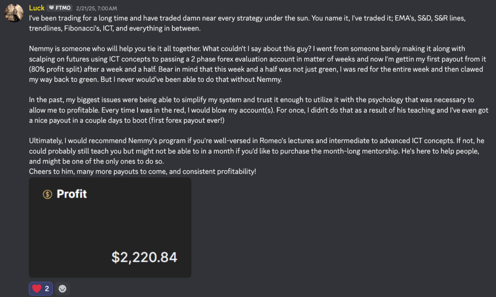 Luck — FTMO payout proof with $2,220.84 first forex payout